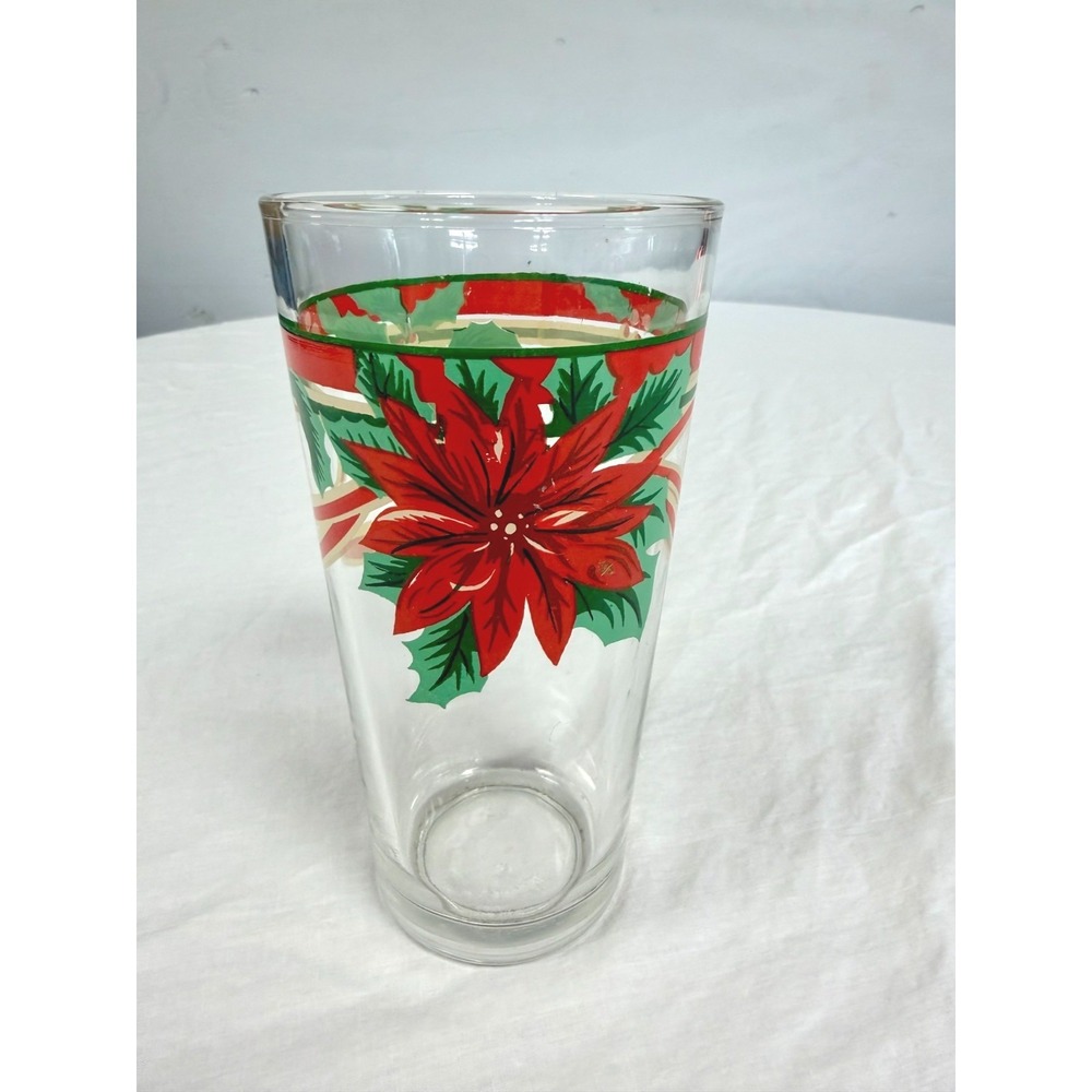 Vintage KIG Indonesia Christmas Poinsettia Glass Tumbler Red Green Holiday Decor
